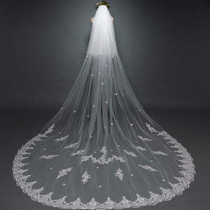 Voile de mariée long en tulle avec dentelle et appliques de sequins, dernière collection, vente en gros, idéal pour les mariages et les fêtes - Product Image 1