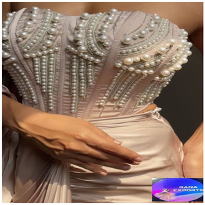 Luxueuse robe corset en satin champagne avec corsage structuré et détails dramatiques de perles ornées à la main - Product Image 2