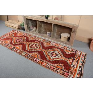 Vintage Kilim Rug 3 X 9.1ft Classic Turkish Design Wool Material with Latex Backing Patchwork Pattern in Red Orange for Teens - Product Image 3