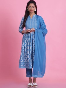 Mujeres motivos étnicos estampado mandarín cuello puro algodón A-Line Kurta con Palazzos y Dupatta indio Pakistán Salwar kameez - Product Image 2