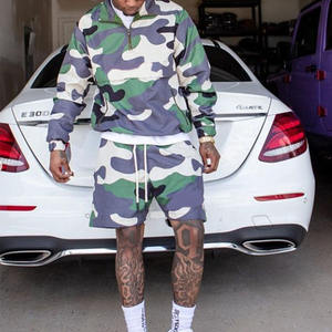 Windbreaker Short <b>Jacket</b> Sets Zipper Nylon Polyester Streetwear <b>Men</b> <b>Camo</b> Color Windbreaker Shorts Set Blank Two Piece - Product Image 4