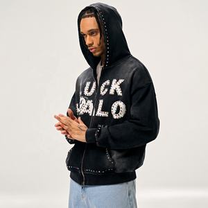 Vintage Streetwear Cotton Double <b>Zip</b> <b>Hoodie</b> French Terry Washed Zipper <b>Hoodie</b> Rhinestone Drop Shoulder Oversized <b>Zip</b> <b>Up</b> <b>Hoodie</b> - Product Image 5