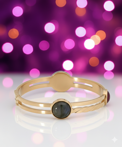 High Quality <b>Stainless</b> <b>Steel</b> Multi Stone Bangle Labradorite Oval Black Onyx Round 2.6 Inch 12g Wholesale - Product Image 2