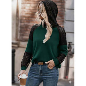 Blusa de viscosa de dos hilos con capucha y encaje de manga larga para mujer, 28981 - Verde - Product Image 1