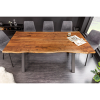 Ensemble de table à manger moderne pour hôtel, bois d'acacia, bord naturel, style industriel, bois massif, grande table 6 places, pieds en métal, hauteur réglable