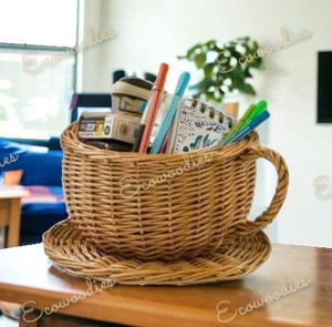 Cesta de regalo decorativa de mimbre hecha a mano, mango de madera único, organizador de escritorio ecológico, cestas de almacenamiento Art Deco para tazas - Product Image 3