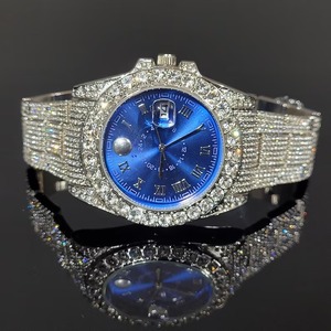 High Quality Luxury Diamond Blue Colors Silver Big Rhinestones On Trim And Elegant Bling Iced Out Hip Hop Watch - Product Image 1