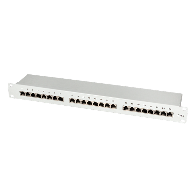 Flat Cat.6 STP Patch Panel 24 Ports Shielded, 19 Inch Rack Mount, Light Grey