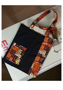 Sac fourre-tout en toile de coton noir avec imprimé tribal multicolore, poche et sangle, écologique, réutilisable, sac de transport quotidien - Product Image 2