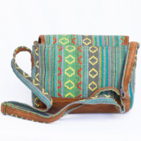 Sac bandoulière vintage pour femme en coton Gheri fait main du Népal, broderie, motif chaînes et fils, fermeture éclair, sangle unique