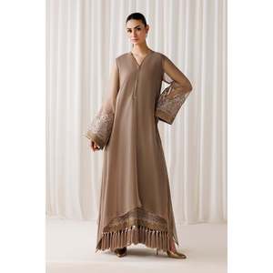 Embroidered Beige Kimono Sleeve Tassel Chiffon <b>Party</b> Dress EN-1302 - Product Image 1