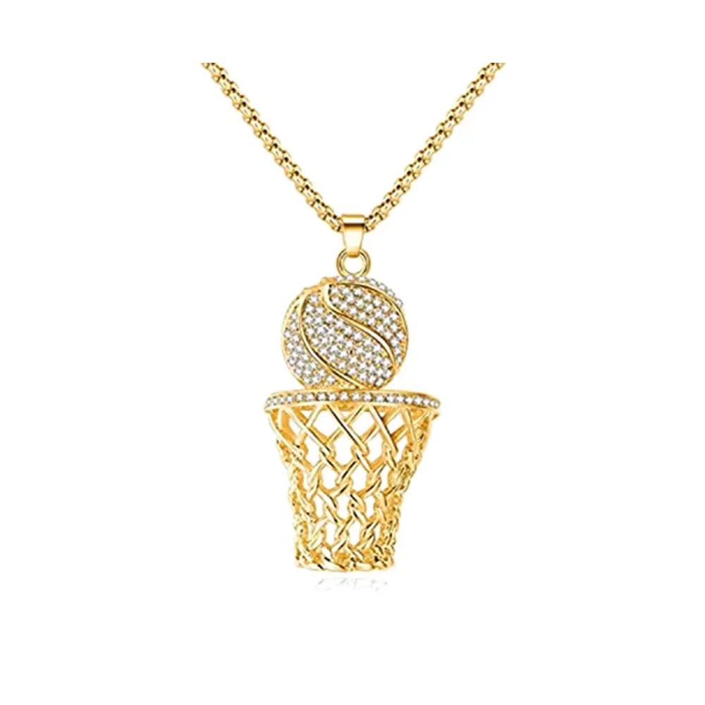 Ice City Top Grade Gold Plated Basketball Hoop Pendant 24" Chain Sterling Gold Necklace Jewelry for Men