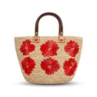 Sac à main bohème en paille pour femme, broderie florale, bandoulière amovible, fermeture éclair, fait main, grande capacité, sac de plage écologique