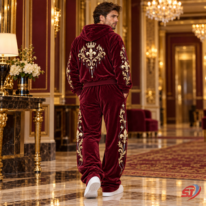 OEM Royal Wine Crest Velour <b>Velvet</b> <b>Tracksuit</b> Rhinestones Crystal 95 Cotton 5 Elastane Hoodie Pants Set Luxury Oversized Stree - Product Image 4