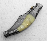 Couteau pliant Damas avec manche en corne, multifonctionnel, DIY, OEM, de poche et de collection pour les détaillants