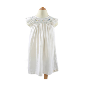 Vêtements pour enfants Vêtements pour filles Robes pour filles Robe smockée pour filles en gros Coton blanc court Fournisseur de modèles personnalisés - Product Image 2