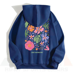 Casual Wear Soft Fleece Royal Blue Floral Aesthetic Over Sized Embroidery Front <b>Pullover</b> <b>Women</b> Hoodie - Product Image 4
