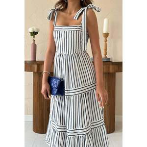 Robe rayée bleu marine avec liens aux épaules - Bleu marine - Product Image 3