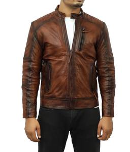 Veste de moto vintage marron pour homme, en cuir de mouton véritable vieilli, écologique, double conducteur, moto, coupe ajustée, hiver - Product Image 1
