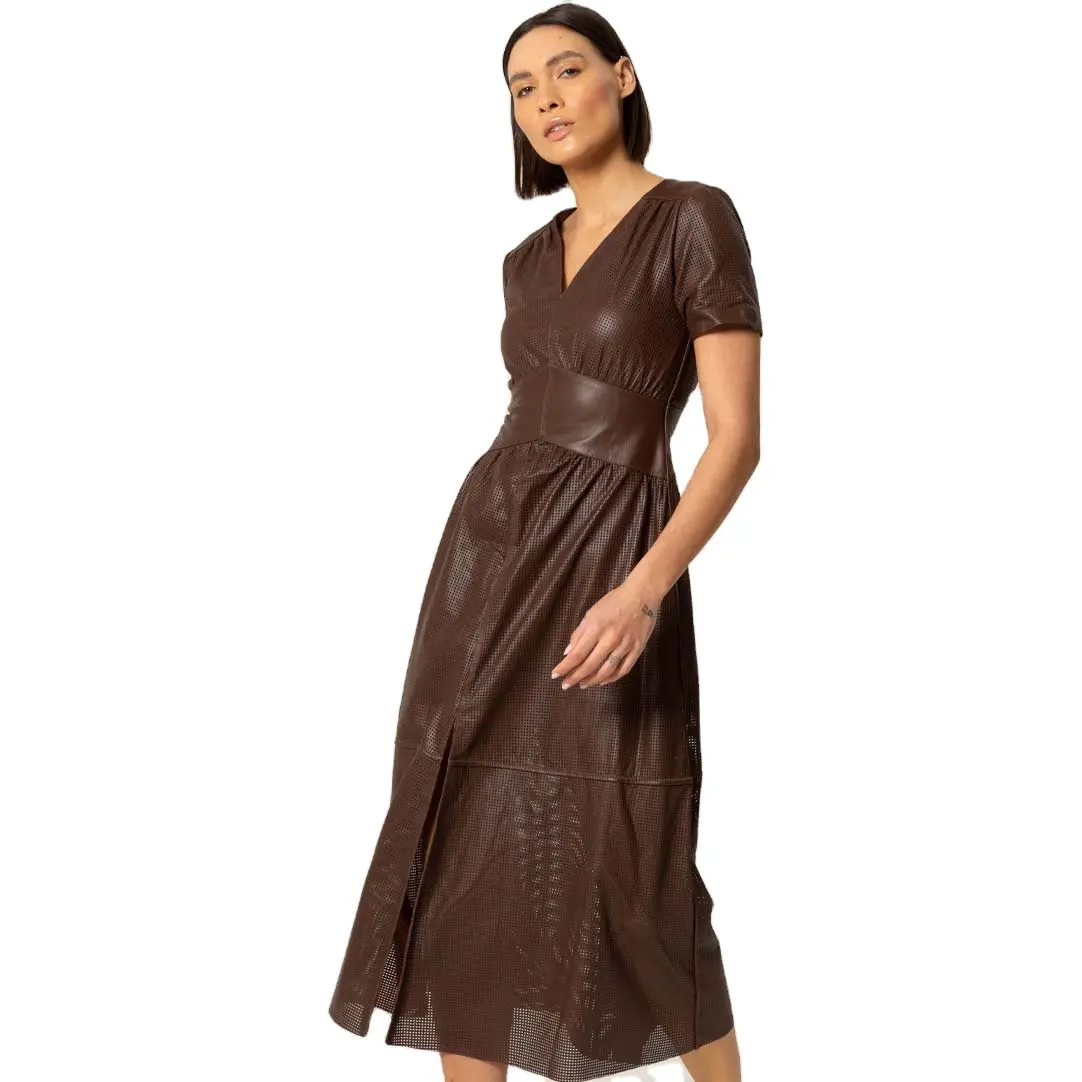 Robe élégante pour femme à manches courtes en cuir véritable couleur marron Seven C Look tendance en cuir