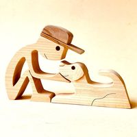 Figurine artisanale Art Déco en bois, famille de chiens, ornement animal sculpté simple pour la maison ou le bureau, décoration d'anniversaire et de jubilé