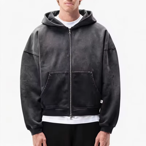OUNA Custom 400g Heavyweight Oversized <b>Zip</b> Cotton Terry Streetwear Vintage Acid Wash Pullover Distressed <b>Pocket</b> Winter <b>Hoodies</b> - Product Image 1