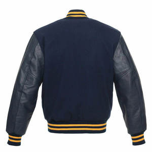 Veste universitaire bleu marine pour homme avec manches en cuir et bordure jaune, style preppy, coupe classique, vêtement d'automne - Product Image 2