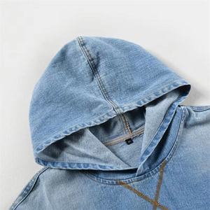 Nouveau design, sweat-shirt en denim streetwear personnalisé, sans cordon, en coton doux, épaules tombantes, denim vintage lavé - Product Image 6
