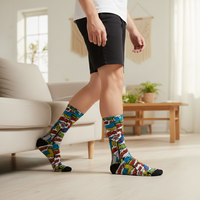 Chaussettes décontractées personnalisées anti-bactériennes Coolmax imprimées numériquement aux couleurs printanières, fabriquées à Istanbul, Turquie, avec logo sur le corps du chaussette.
