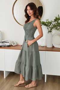 Women's V-Neck <b>Short</b> Sleeve Boho <b>Maxi</b> <b>Dress</b>-Eco-Friendly Breathable Linen Casual Leisure Wear with Pockets - Product Image 2