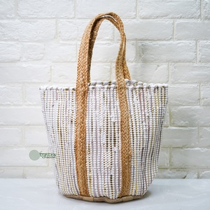 Sac fourre-tout en jute tissé uni avec perles, style bohème, fermeture ouverte, écologique, pour femmes, usage quotidien et plage - Product Image 5
