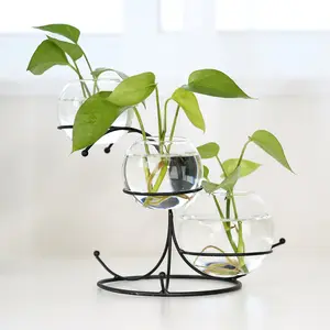Retro Glass Planter Tabletop Flower Vase with Metal Stand