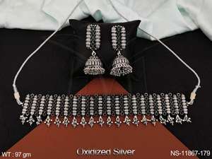 Fancy Design Oxidized <b>Silver</b> Plated Antique Oxidized <b>Jewellery</b> Choker Style Short Necklace <b>Set</b> - Product Image 4