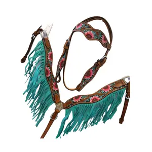 Collier de poitrail et têtière pour cheval western, fabriqués à la main et de qualité supérieure |   Équipement d'équitation en cuir floral orné de franges turquoise - Product Image 1