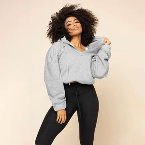 Winter Long Sleeve Pullover Mid <b>Weight</b> Adjustable <b>Stand</b> Women Cropped Half Zipper Hoodie Front Logo 100% Cotton Streetwear - Product Image 1