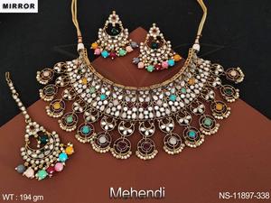 Bijoux antiques indiens Mehendi, Design miroir, perle en grappe, bijoux antiques, ras du cou, ensemble de colliers avec Maang Tikka - Product Image 4