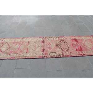 Vintage Turkish <b>Runner</b> Rug 2.4x11.3 ft, <b>Red</b> Pink Plants & trees Wool Rug - Product Image 3