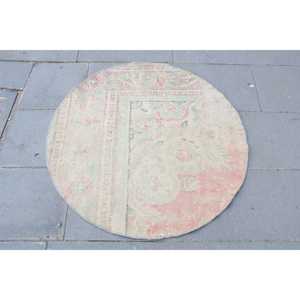 Alfombra Turca Redonda de 2.9x2.9 pies (88x88 cm), Alfombra de Lana Blanca Vintage con Diseño Floral - Product Image 4