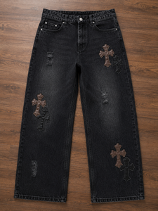 Jeans en denim noir coupe droite pour homme, style gothique streetwear, délavage vintage, OEM, marque privée, été - Product Image 1