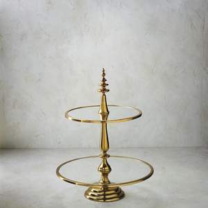 Wooden Two Tier Cake Stand Dessert Plate Tray Cupcake Holder Fruit Serving <b>Display</b> with Brass Leaf Handle Kitchen Table Decor - Product Image 4
