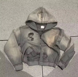 Sweat à capuche zippé de haute qualité, lourd, coupe et couture personnalisées, délavé au soleil, effet pierre, strass, effet usé, sweat à capuche ample et court pour homme - Product Image 1