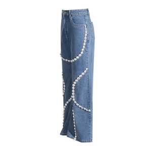 กางเกงยีนส์ทรงตรงเอวกลางสำหรับผู้หญิง ประดับโซ่เพชร ผ้าเดนิม ระบายอากาศได้ดี เป็นมิตรกับสิ่งแวดล้อม แฟชั่น - Product Image 2
