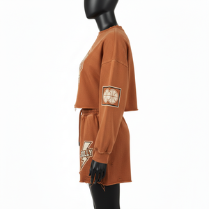 Women premium cotton fleece <b>rust</b> brown crop sweatshirt short set applique embroidery patch logo 100% Cotton Crop <b>Top</b> & Shorts - Product Image 3