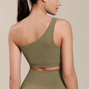 New Trend Solid Color Best Support Seamless One Shoulder Sports Bra for Women Ribbed Non Padded Yoga Crop Tops - Product Image 3