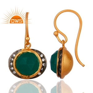 ต่างหูเงินแท้18K ชุบทองธรรมชาติ CZ & พลอยโอนิกซ์สีเขียวแบบห้อยผู้ผลิตเครื่องประดับชั้นดี - Product Image 2