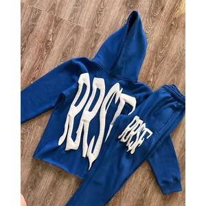 Conjunto de 2 Piezas de Chándal con Estampado Desgastado y Bordado Personalizado Unisex, Sudadera con Capucha de Algodón Lavado al Ácido de Talla Grande para Hombre, Estilo Casual - Product Image 6