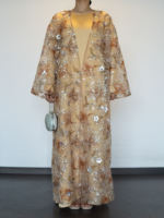 Ensemble 2 pièces élégant fait main de luxe Abaya Dubaï brodé de perles et de sequins, kimono et robe intérieure en satin pour l'Aïd, mariage, fête, motif floral, OEM