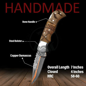 Cuchillo Plegable de Acero de Damasco de Grado Industrial de Venta Caliente, Mango de Hueso, Refuerzo de Acero, Incrustaciones de Cobre, Cuchillo Táctico de Bolsillo 4-5mm OEM - Product Image 2