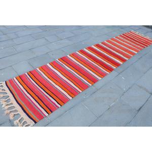 Vintage Rug, 2.6x12.4 ft <b>Runner</b> Rug, <b>Red</b> Orange Kilim Wool Rug - Product Image 3