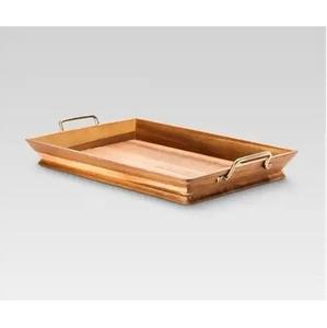 Ensemble de 2 plateaux de service en bois avec poignées en métal argenté Ustensiles de cuisine Usage domestique et hôtelier Plateau de table Plateaux de service alimentaire - Product Image 4